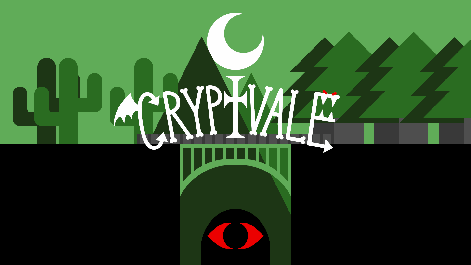Image of Cryptvale banner, a green forest with bridge at the front and mountains in the back, with a blinking red eye in a cave.